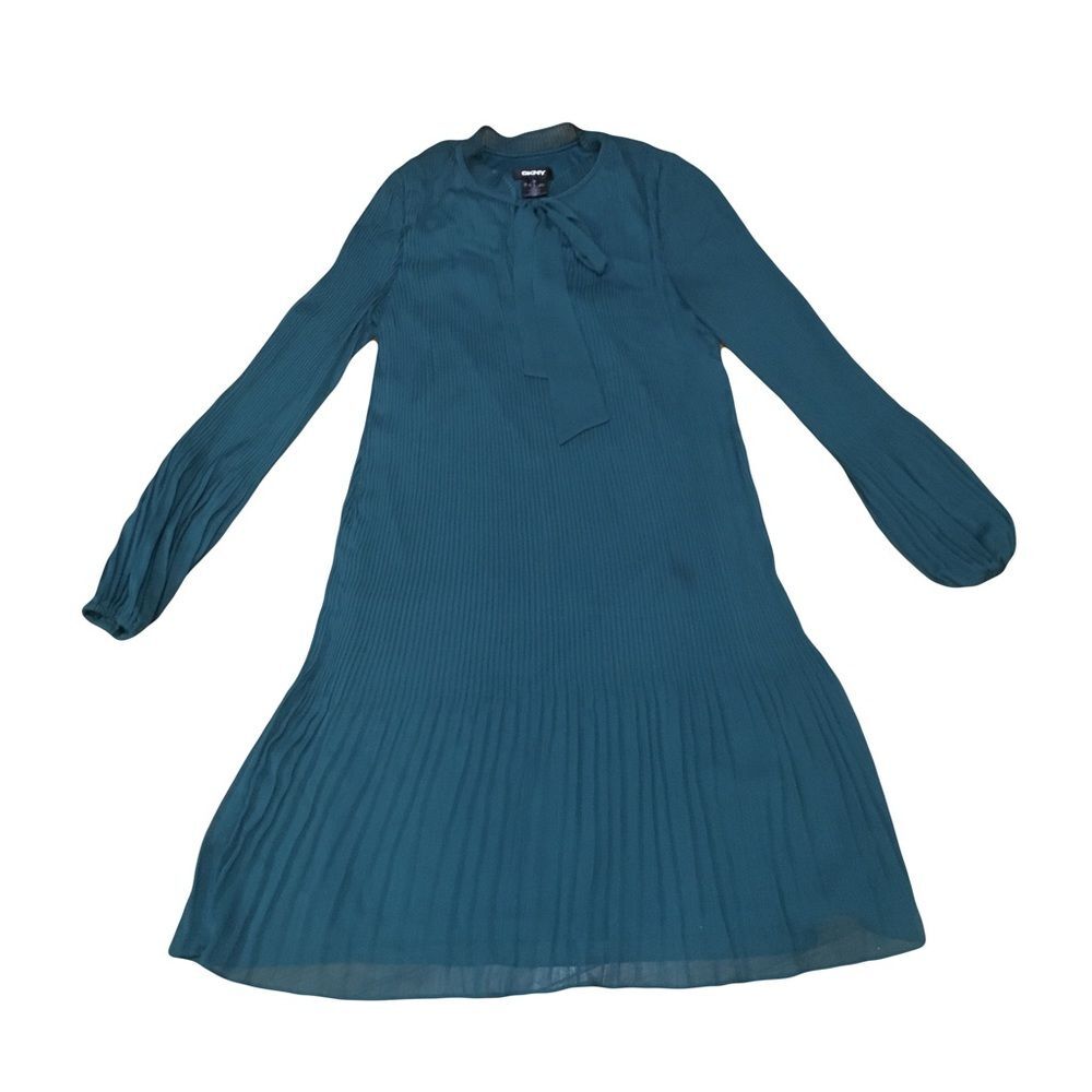 DKNY Sz 4 Accordion Midi Dress w/ bow neck tie • Lightweight Deep Teal Green